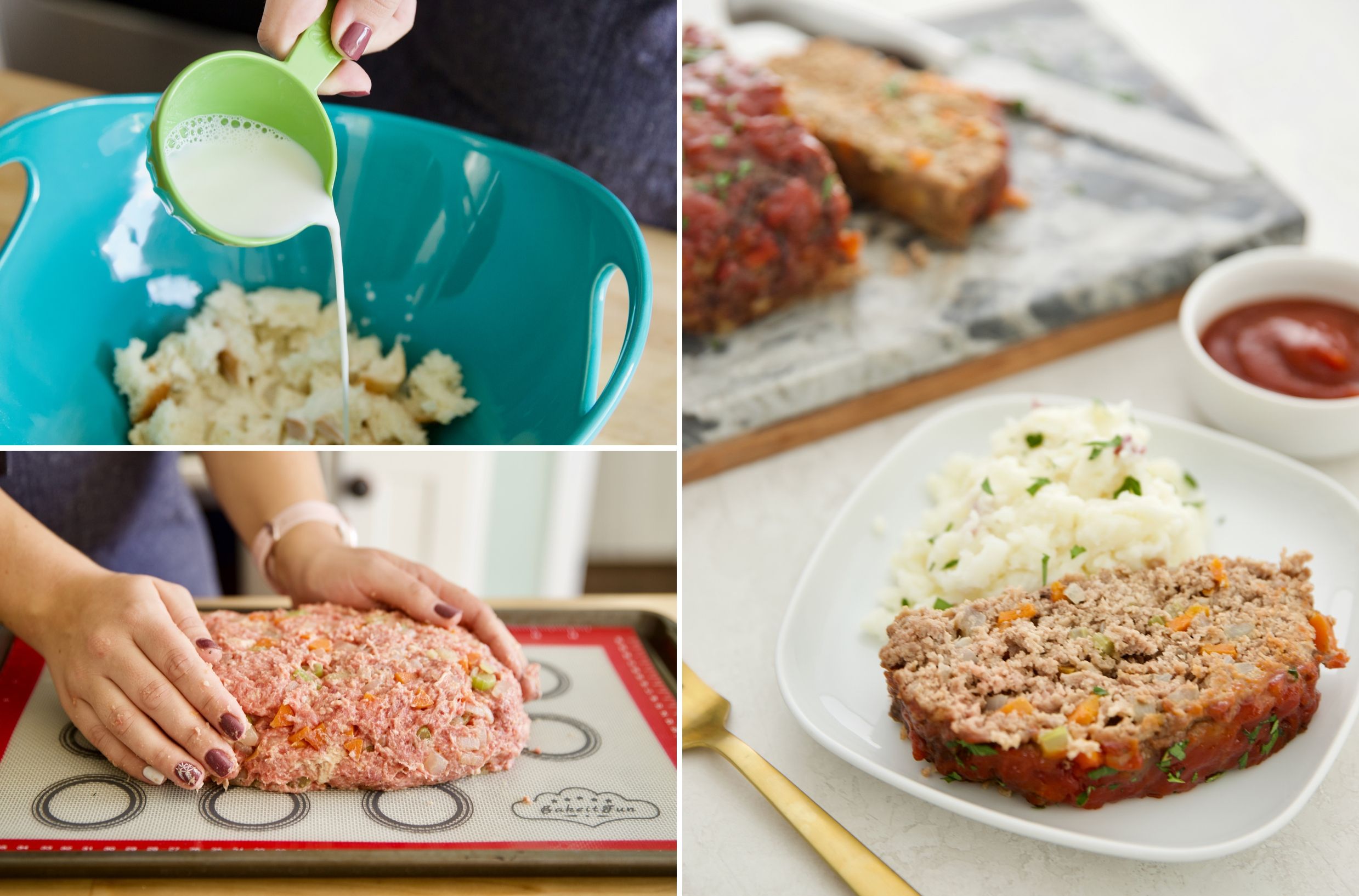 collage: milk being poured into fresh crumbled bread in blue bowl/shaping uncooked meatloaf on sheet pan/serving of meatloaf and mashed potatoes with cooked meatloaf in background