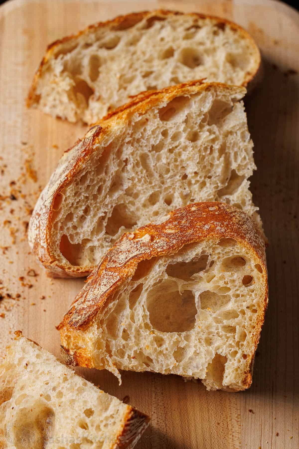 crusty Bread slices with large and small bubbles