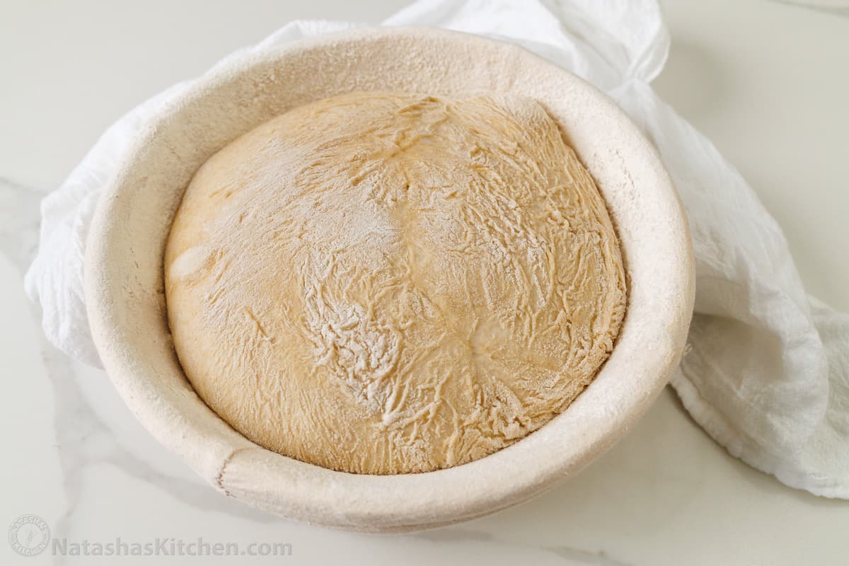 Dough rising in a banneton during cold fermentation