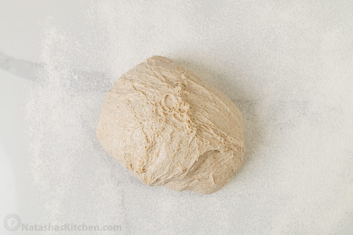 Sourdough bread dough on a floured marble