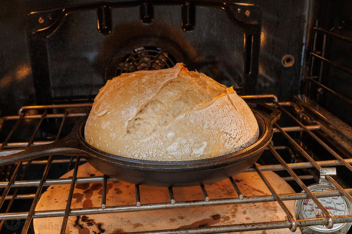 Sourdough boule uncovered for the final step of the best sourdough bread recipe