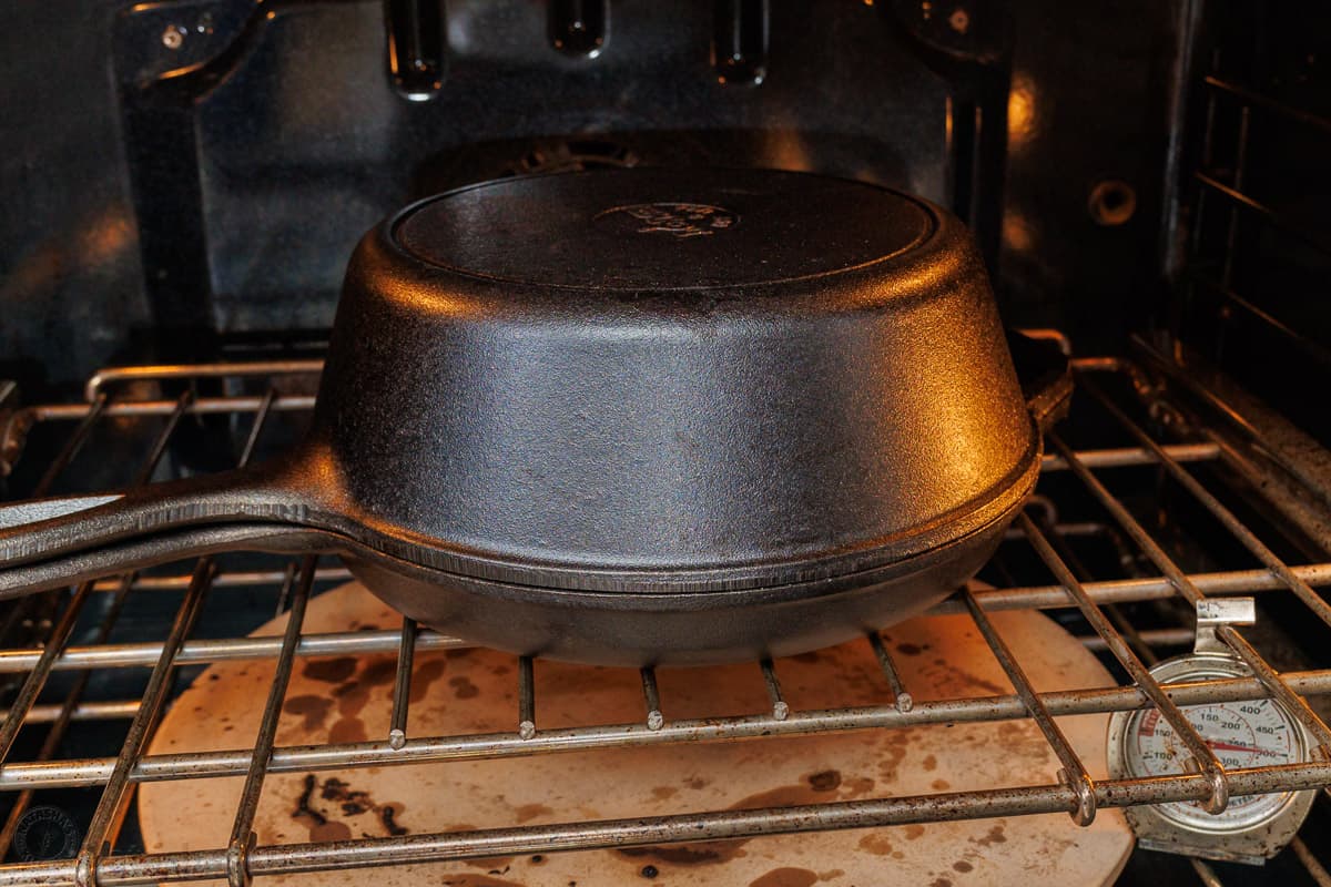 Cast iron baking pot in the oven