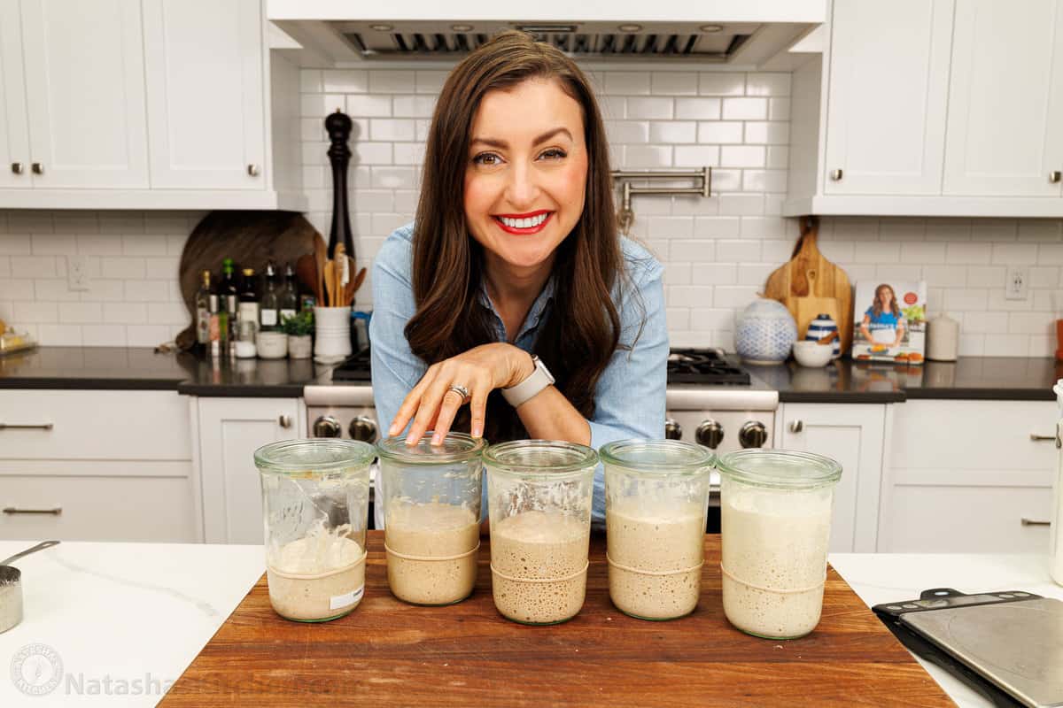 Natasha Kravchuk with jars of sourdough starter