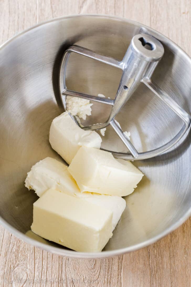 cream cheese and butter in mixer