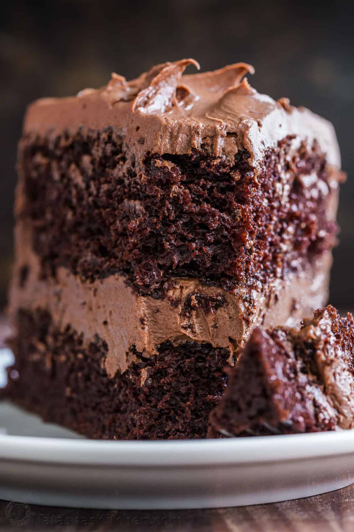 Chocolate Cake slice on plate with forkful 