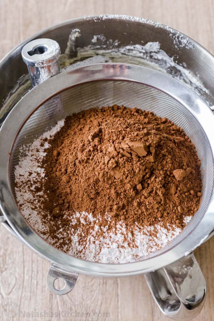 Sifting powdered sugar and cocoa powder