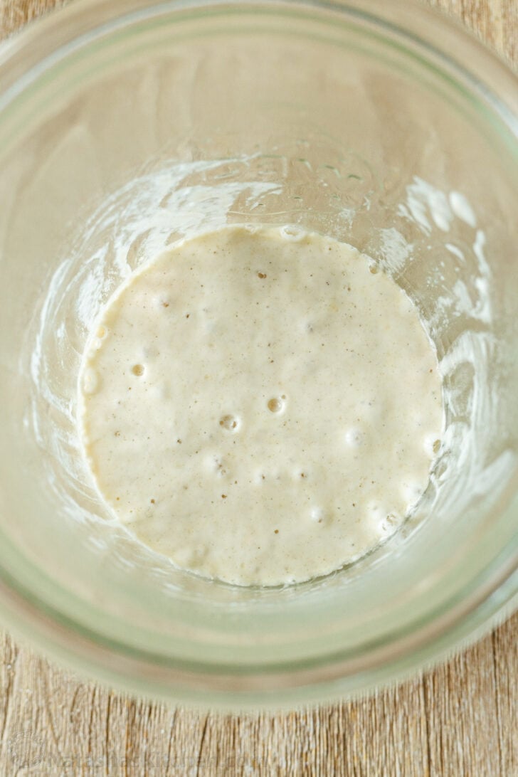 Rye flour and water mixture that starts to bubble with wild yeast