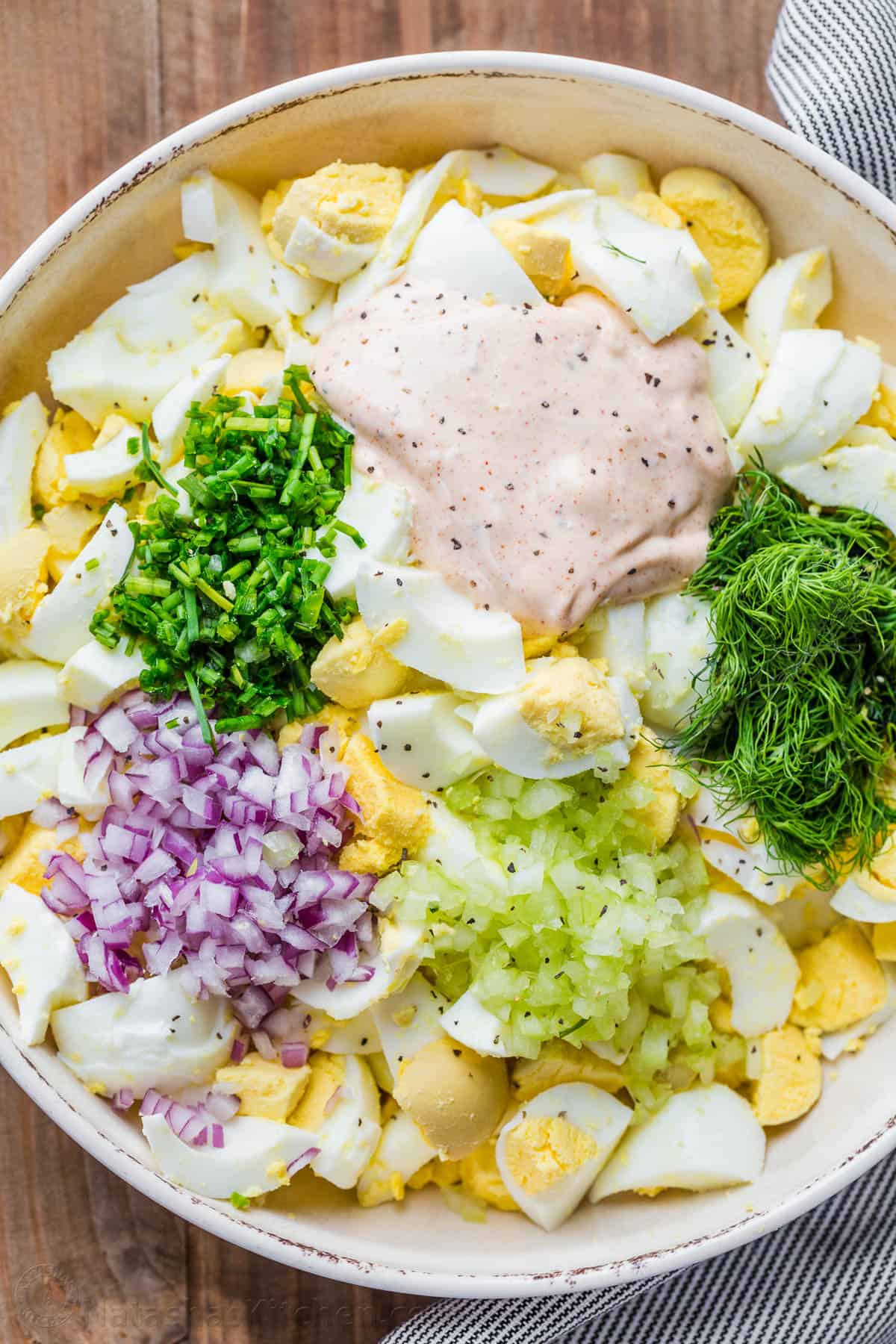 How to make egg salad in a mixing bowl with the dressing