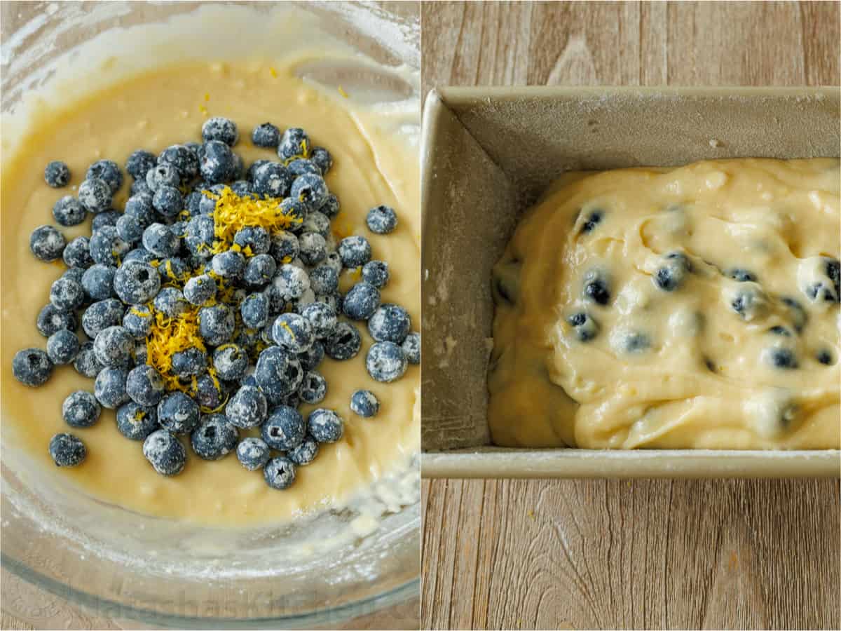 Bluberries and lemon zest are folded into the batter before pouring into loaf pan