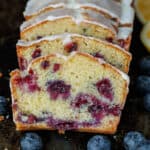 Loaf of Blueberry Bread with Lemon glaze sliced