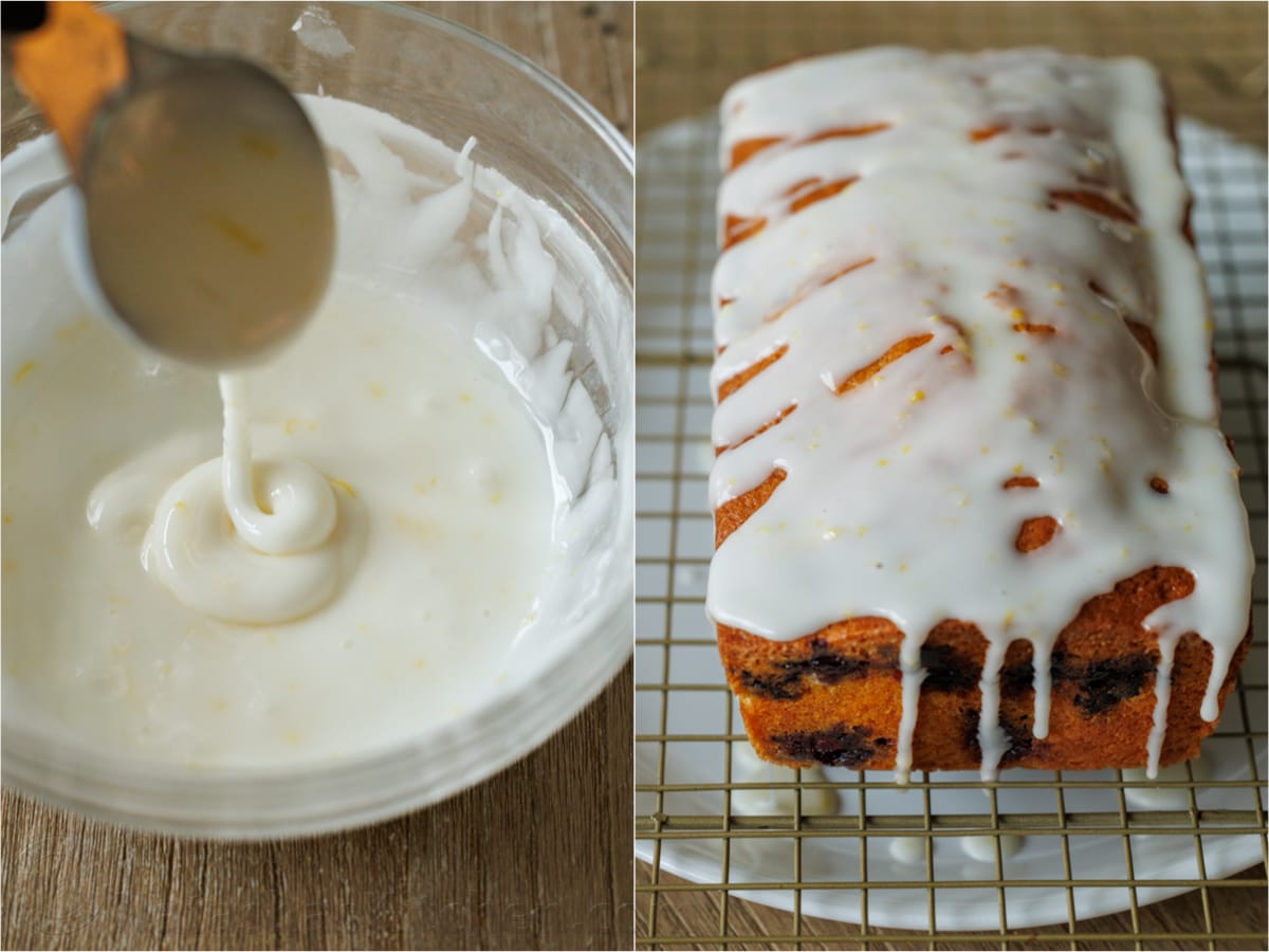 A bowl of lemon icing next to a blueberry bread loaf generously drizzled with lemon icing