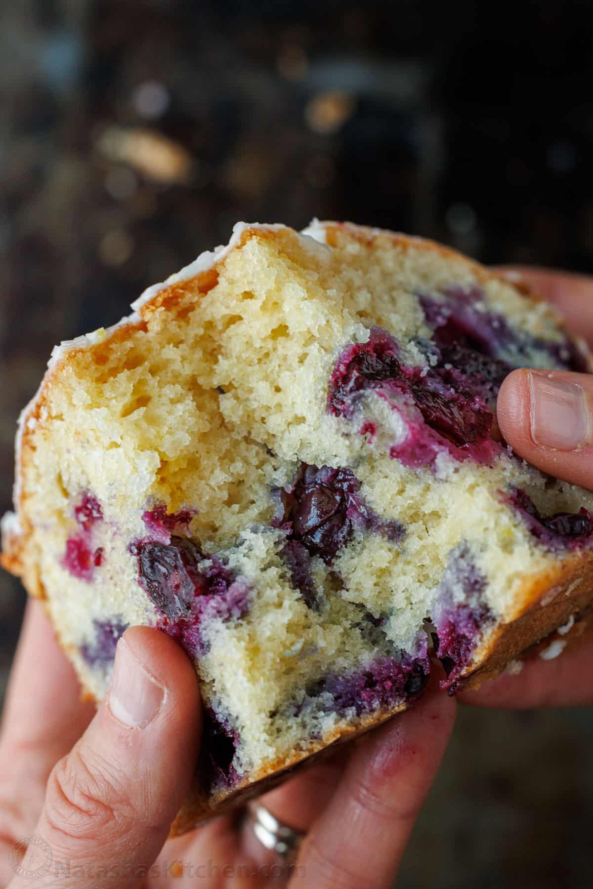 Loaf of Blueberry Bread with Lemon glaze sliced