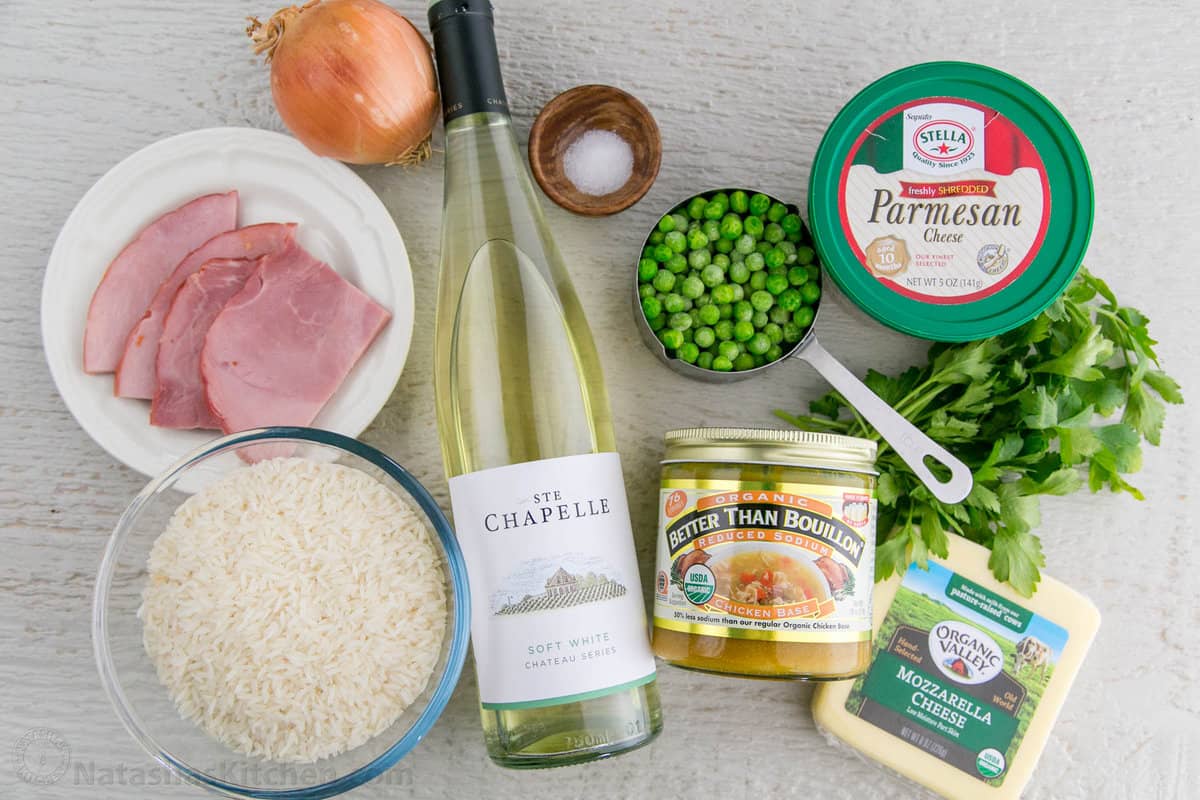 Arancini recipe ingredients with rice, ham, cheese, white wine, peas and parsley