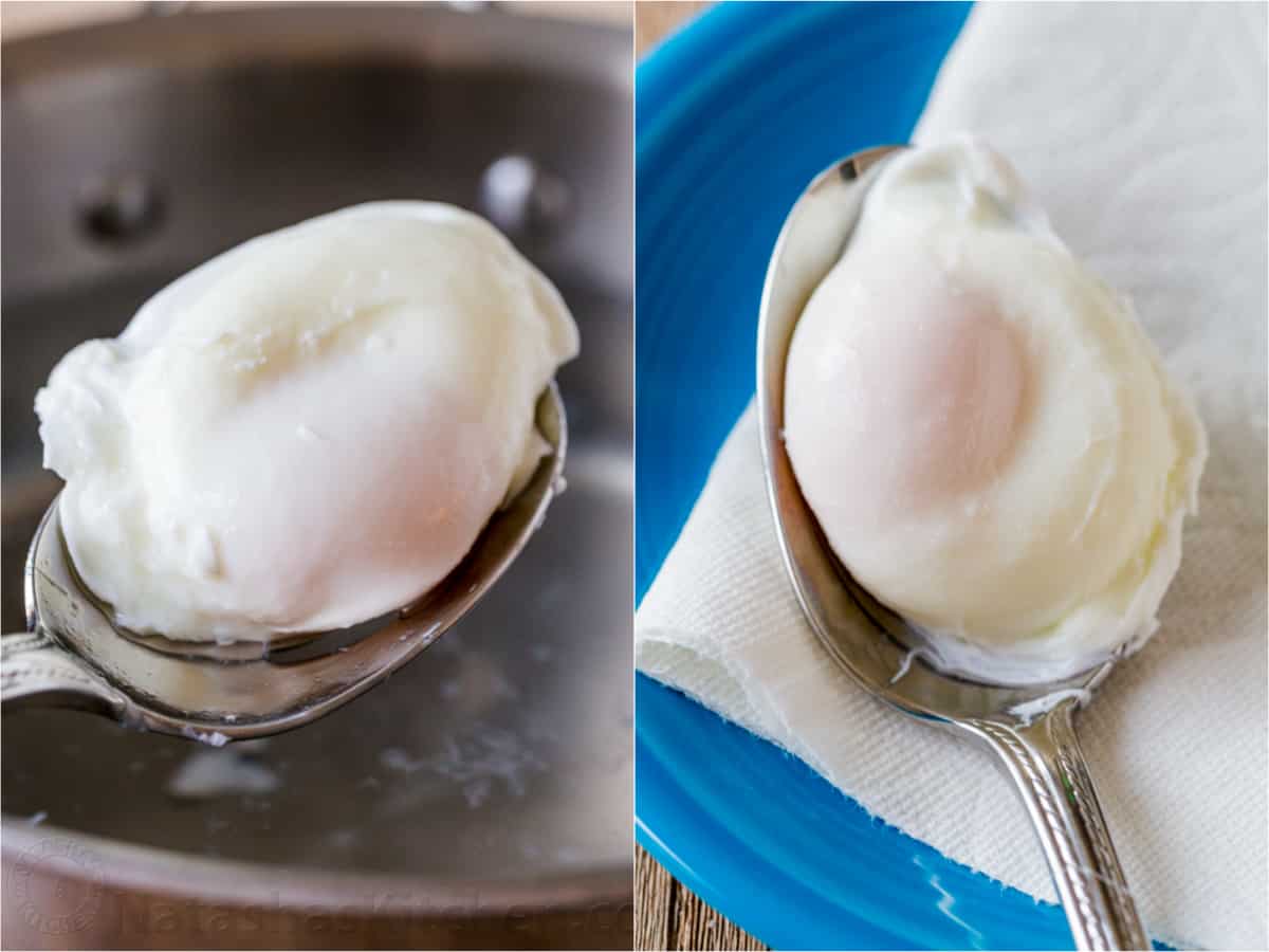 Removing finished poached egg with a slotted spoon and draining