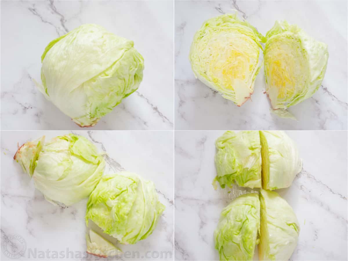 Step by step how to cut iceberg lettuce into wedges for wedge salad