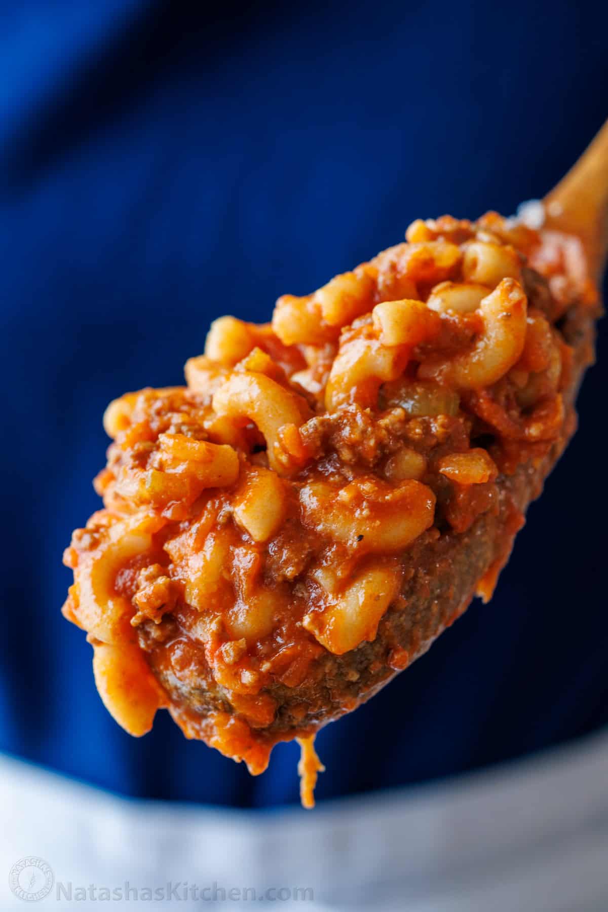 A spoon of homemade hamburger helper recipe