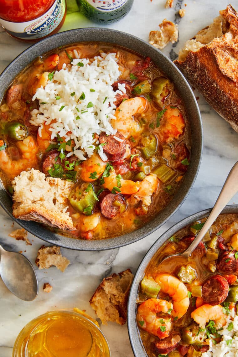 Easy Shrimp Gumbo - Classic comfort food stew simmered to perfection, filled with andouille sausage + shrimp. So cozy and just so darn good. 