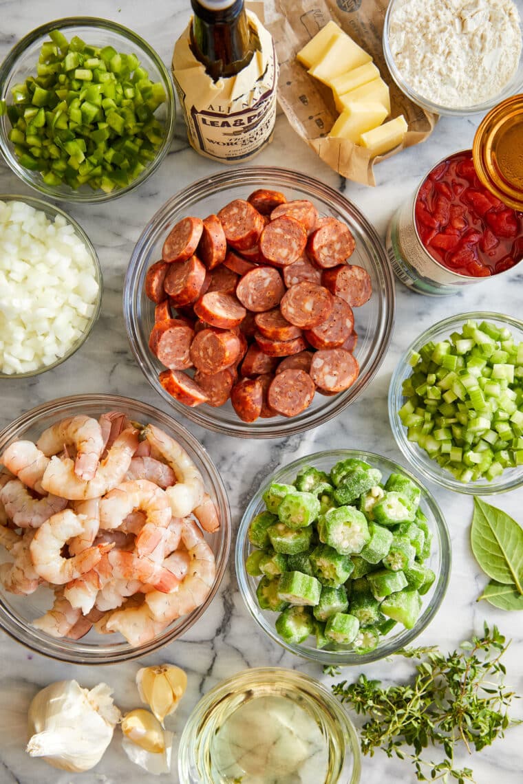 Easy Shrimp Gumbo - Classic comfort food stew simmered to perfection, filled with andouille sausage + shrimp. So cozy and just so darn good. 