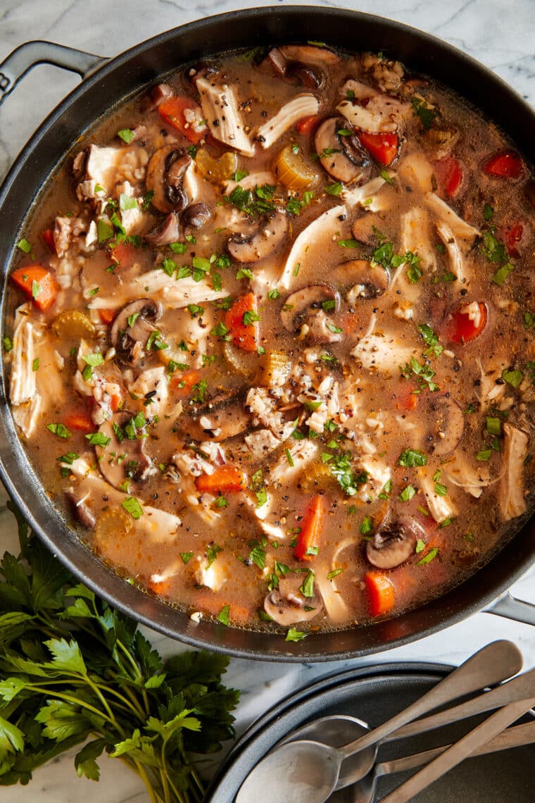 Chicken and Wild Rice Soup - So warm, so hearty, so cozy! With tender shredded chicken breasts, mushrooms, wild rice, and feel good veggies.