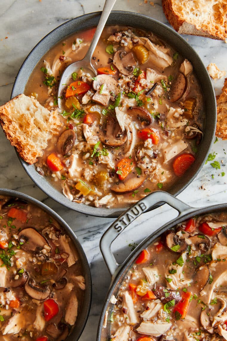 Chicken and Wild Rice Soup - So warm, so hearty, so cozy! With tender shredded chicken breasts, mushrooms, wild rice, and feel good veggies.