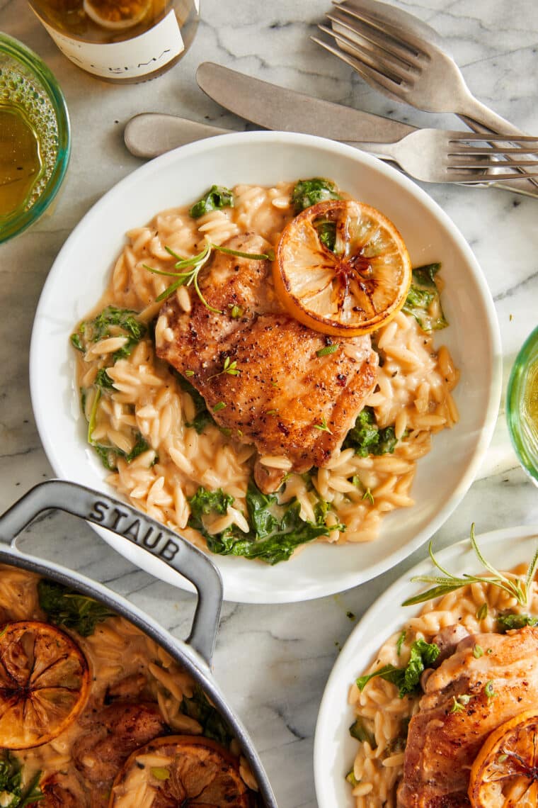 One Pot Lemon Chicken and Orzo - Golden brown, juicy chicken with the creamiest lemony orzo + sneaked in greens, all made in ONE SINGLE POT!