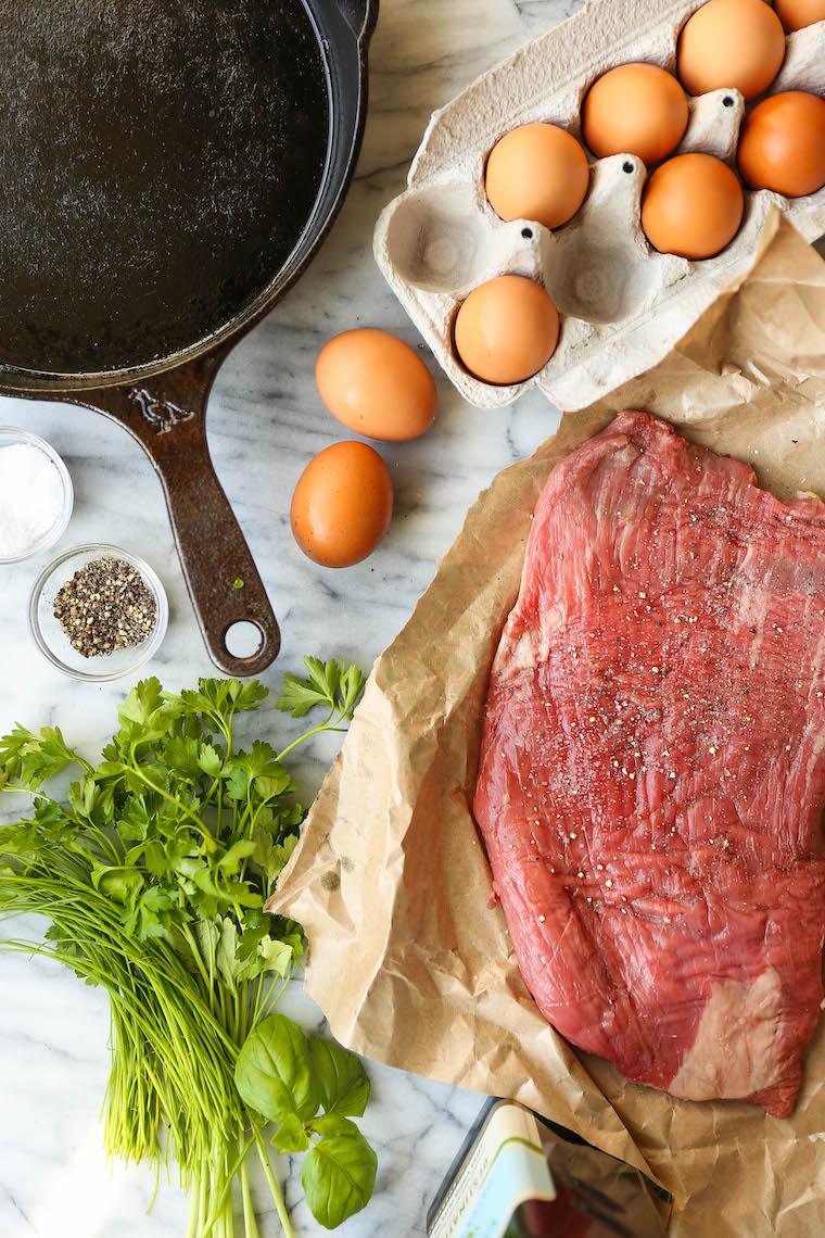 Best Ever Steak and Eggs - So quick, easy, and fancy pants without any of the hard work! Served with the most amazing herb sauce. SO SO GOOD.