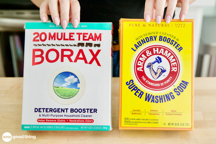 Borax and washing soda are both great cleaners, but borax only dissolves in hot water and is not as alkaline as washing soda.