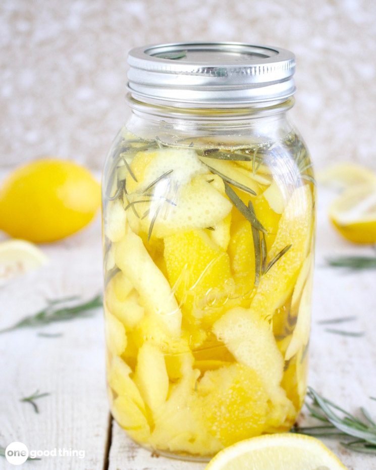 Use lemon peels and herbs to make scented cleaning vinegar -- just soak the peels and herbs in vinegar for a couple of weeks!