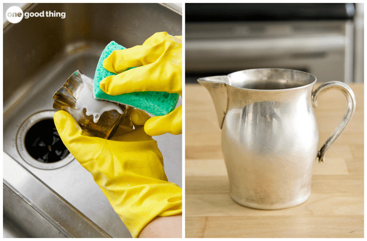 A collage showing Bar Keepers Friend liquid soft cleanser being used to clean a small, tarnished silver cream pitcher as well as an after photo of the cleaned silver pitcher