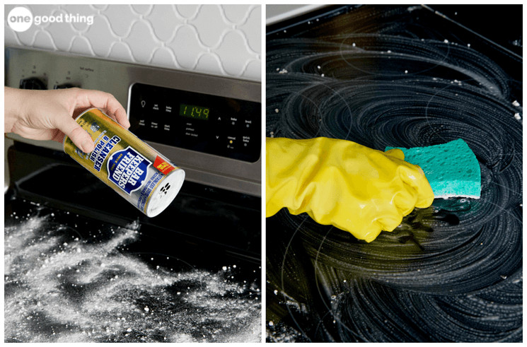 A collage showing Bar Keepers Friend cleanser and polish powder being applied to a glass stovetop and a gloved hand scrubbing the stovetop with a sponge