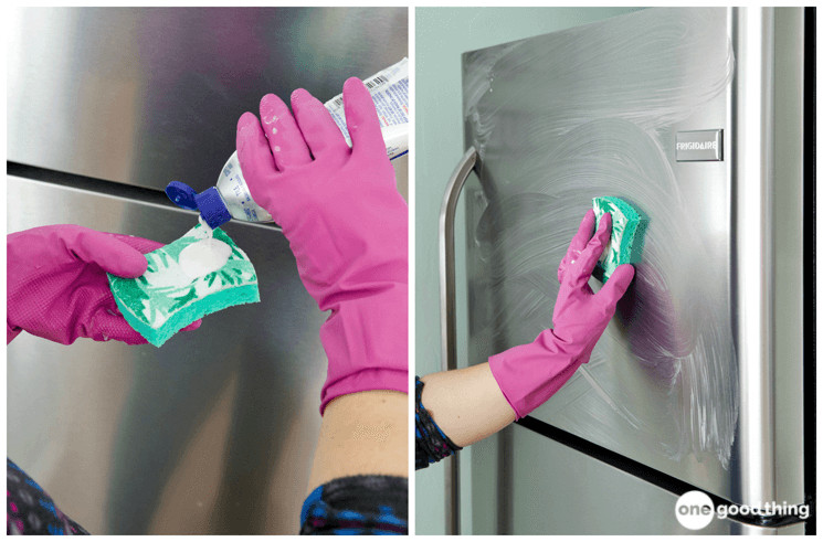 A collage showing Bar Keepers Friend liquid soft cleanser being poured onto a sponge and the sponge being used to clean and polish a stainless steel refrigerator