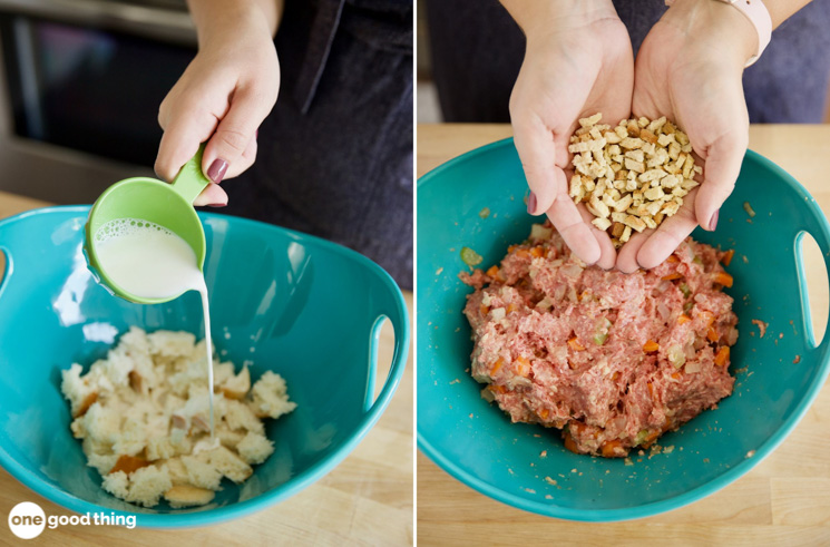 hand pouring milk into crumbled bread in blue bowl/hands holding dry bread crumbs over bowl of raw ground meat