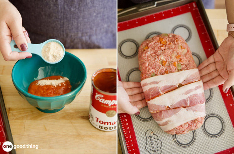 hand putting a spoon of seasoning in tomato soup/ hands wrapping raw bacon slices around raw meatloaf on a sheet pan