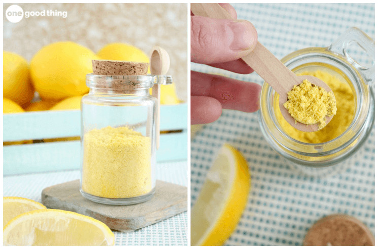 collage of two images showing lemon powder in a glass jar