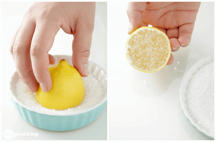 collage of two images showing half of a lemon being dipped into a container of salt and then pulled out of the container with salt on one side of the lemon