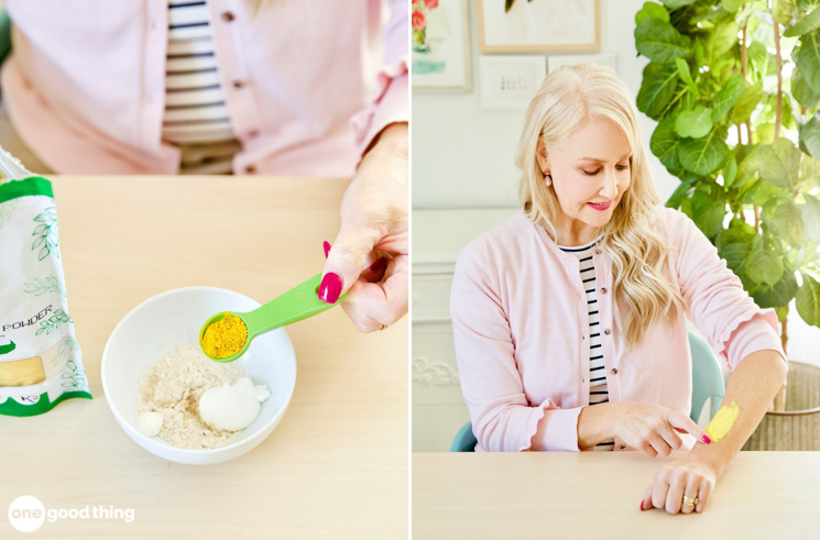 collage of two images showing a woman mixing ingredients for a DIY age spot treatment and putting it onto her arm