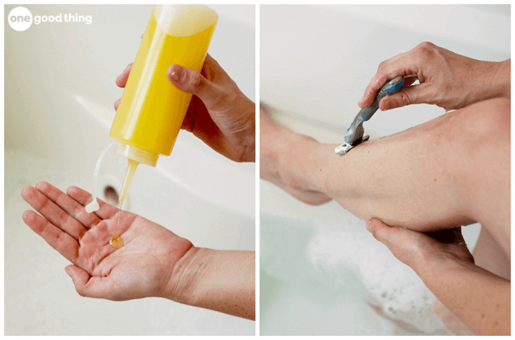 collage of two images: image on the left shows a hand squeezing a plastic bottle of yellow liquid into a hand over a tub full of water. The image on the right shows a hand shaving a leg over a tub filled with water.