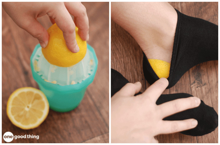 collage of two images: the image on the left shows half a lemon being juice. The image on the right shows a foot with half a lemon over the heel and covered in a black sock.