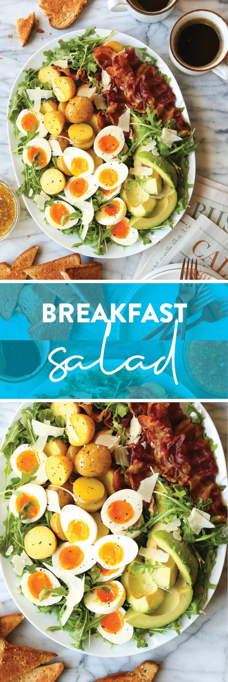 Breakfast Salad - A breakfast worth waking up for! With fresh greens, crispy bacon, jammy eggs, and a zesty, tangy mustard vinaigrette!