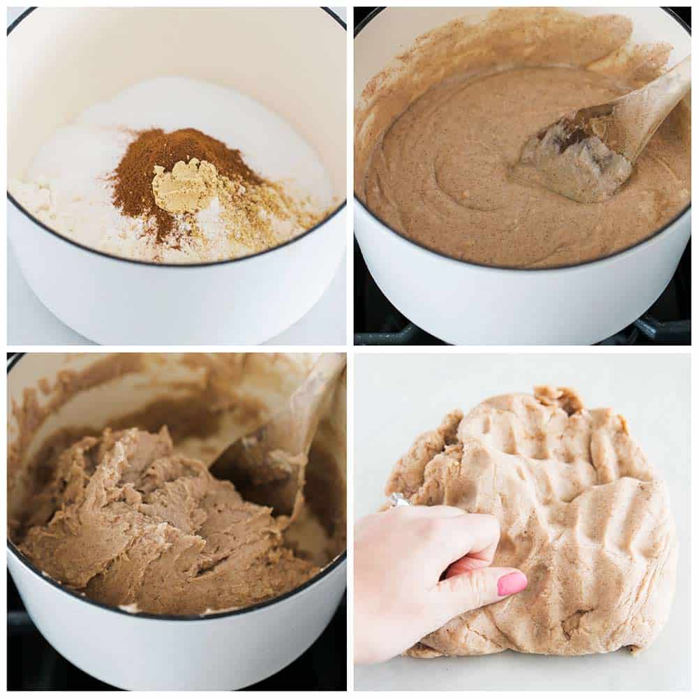 making gingerbread play dough in white pot