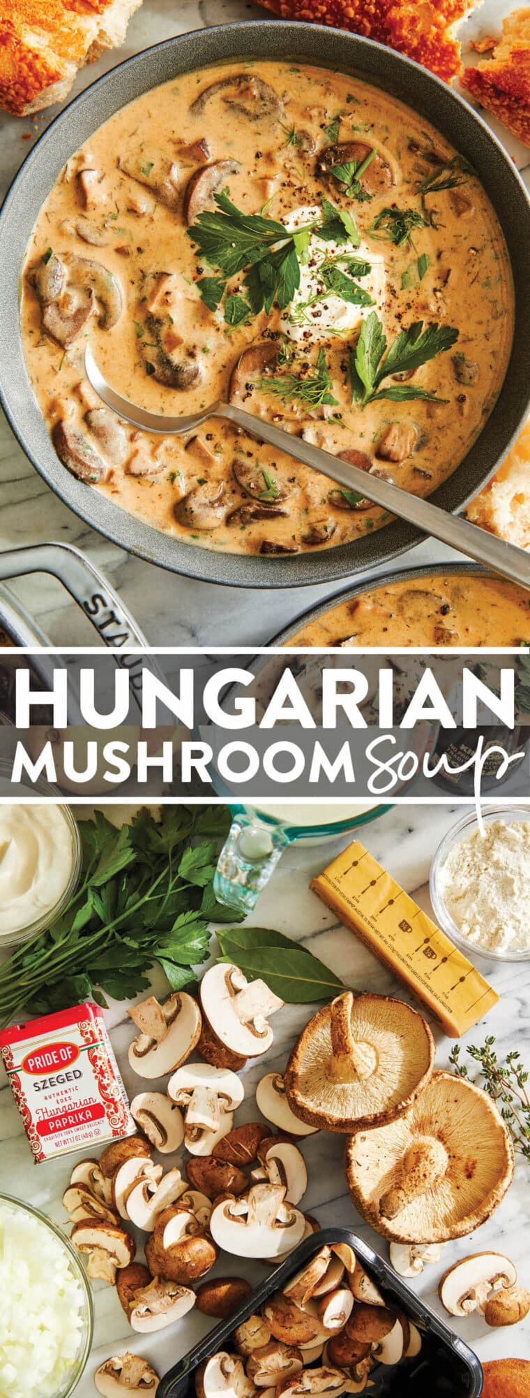 Hungarian Mushroom Soup - The creamiest mushroom soup with fresh dill, thyme, and paprika. Top with a dollop of sour cream and crusty bread!