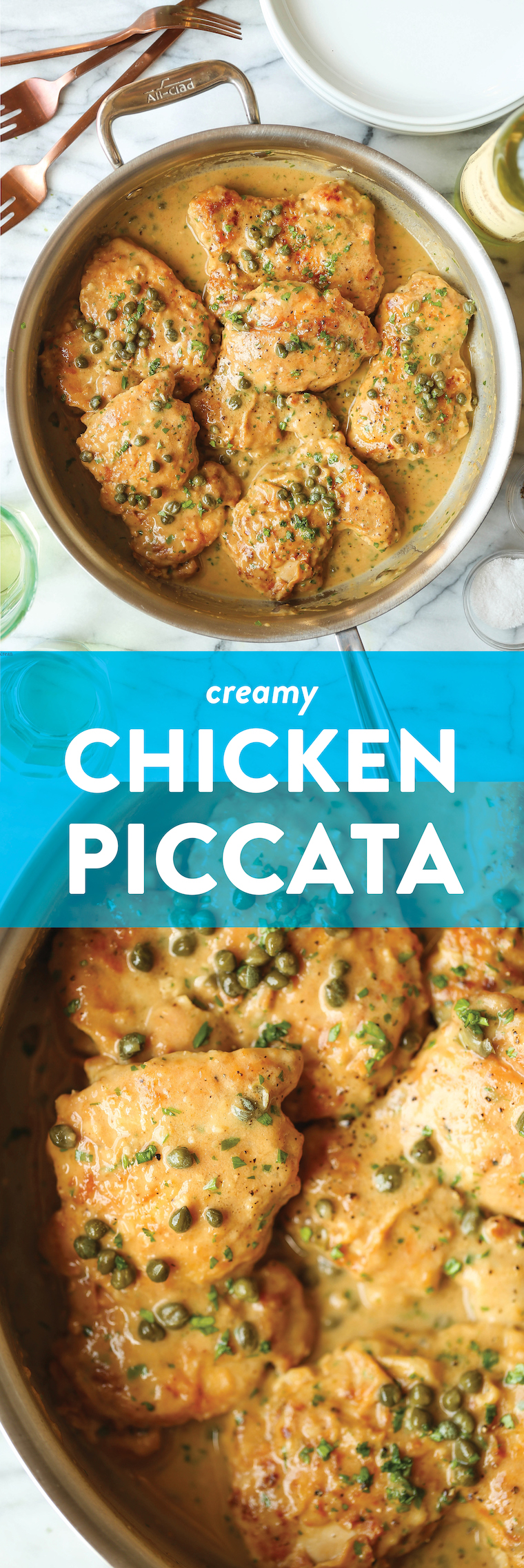 Piccata di pollo cremosa - La piccata di pollo più semplice di sempre! Con cosce di pollo tenere e succose + la salsa di panna più paradisiaca. 30 minuti, dall'inizio alla fine. SÌ!!