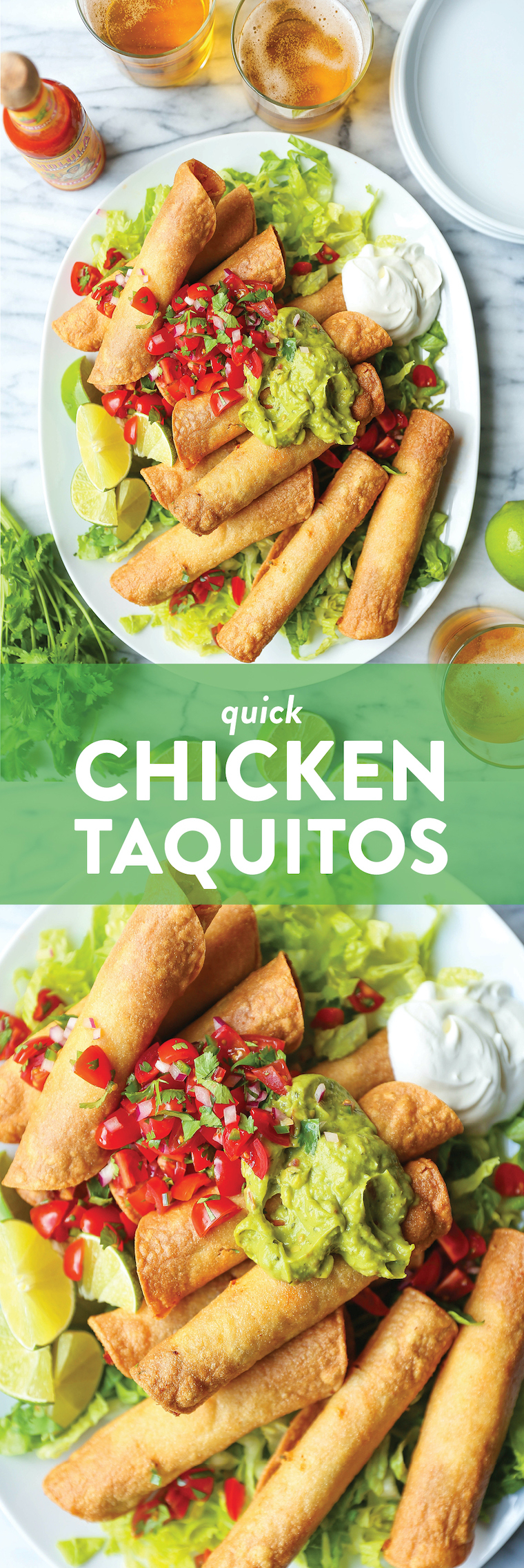 Taquitos veloci al pollo: un ottimo modo per utilizzare gli avanzi del pollo allo spiedo! Così facile, croccante e croccante! Servire con guac, pico de gallo e panna acida!