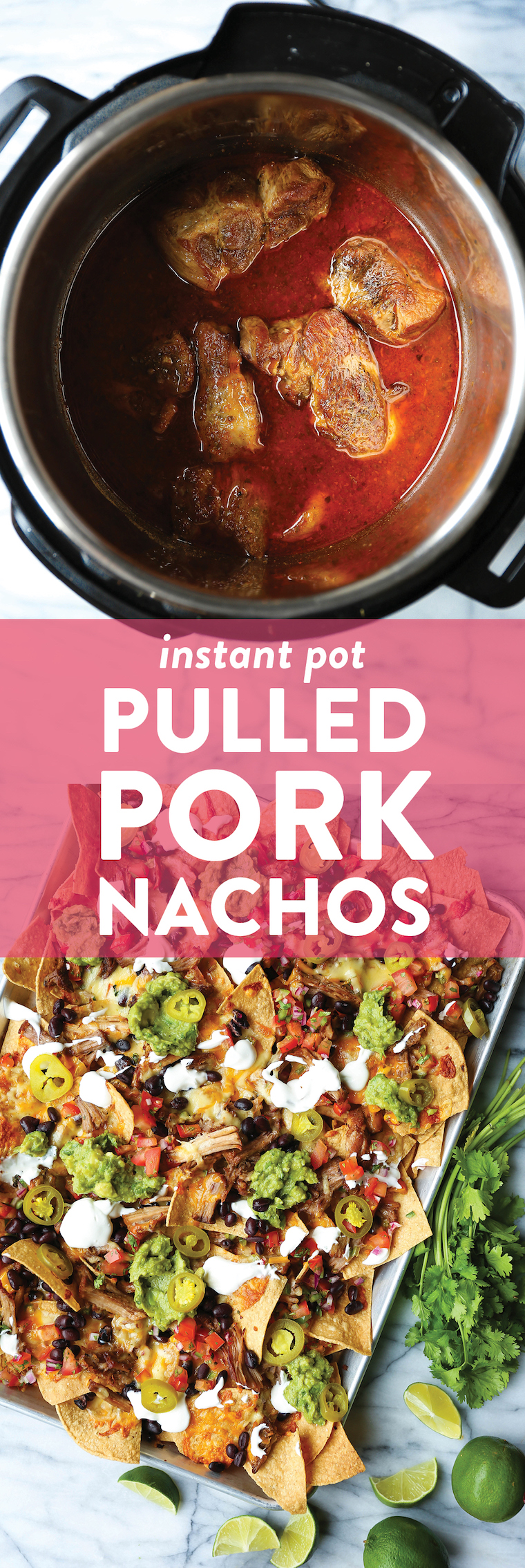 Instant Pot Pulled Pork Nachos - Nachos strappati di maiale cotti a pressione con il succoso maiale strappato più incredibile che si scioglie in bocca. Così tenero, così buono!